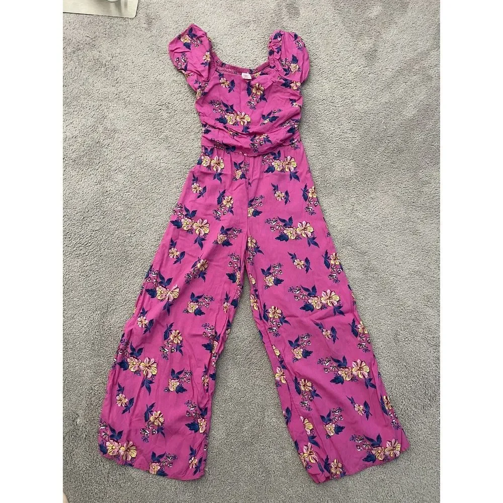 JUSTICE 10/12 Pink  Floral Cropped Jumpsuit Belted Off‎ Shoulders